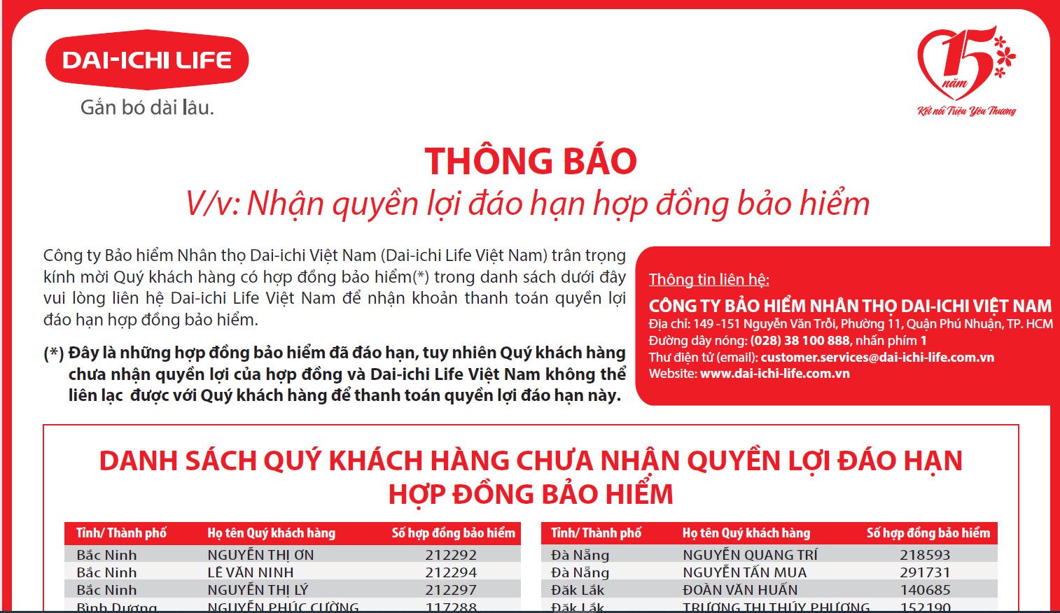 Dai-ichi Life Việt Nam thông báo nhận quyền lợi đáo hạn hợp đồng bảo hiểm...